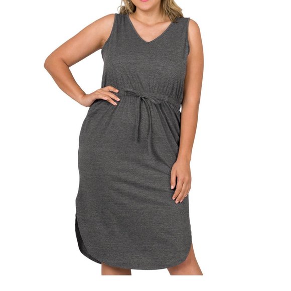 PLUS POLY COTTON DRAWSTRING WAIST CURVED HEM DRESS WITH POCKETS - Picture 1 of 6